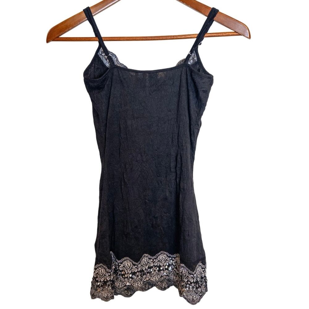 Vintage Y2K Weavers Crinkled Black Lace Sequin Accent Split Hem Cami Small - Picture 3 of 5